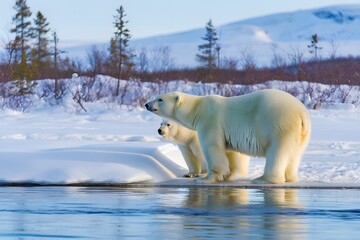 Majestic polar bears stand on ice floe by arctic water under a winter sky with snow covered hills and sparse trees