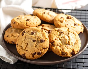 Golden-Brown Chocolate Chip Cookies on Dark Plate: Warm, Rustic Bakery Delight