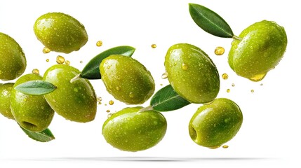 Vibrant green olives float with water droplets and small splashes of olive oil on white backdrop.