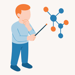 Flat Illustration of Man Explaining Molecule Structure on Presentation Screen