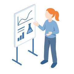 Isometric Female Presenter Explaining Scientific Data on Whiteboard Illustration
