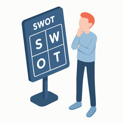 Isometric Man Standing Analyzing SWOT Analysis Sign Board Illustration