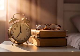 Sunlight illuminating alarm clock set at 12_00 next to stack of books and eyeglasses on nightstand