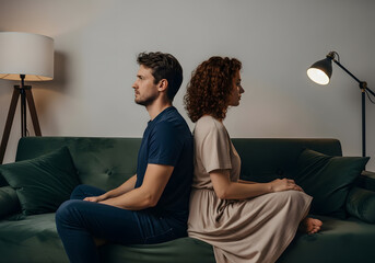 Upset couple ignoring each other after fight, frustrated man and woman sitting back to back on couch at home, having disagreement in relationship