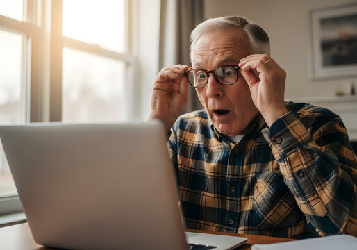Surprised senior man adjusting eyeglasses and reading unbelievable news on laptop at home