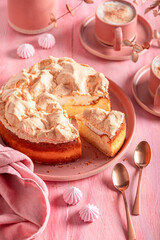 Sweet meringue cheesecake bake in home kitchen.