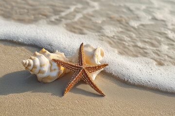 Starfish and seashell on sandy beach with waves