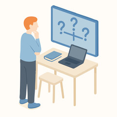 Isometric Young Adult Man Thinking at Desk with Laptop Illustration