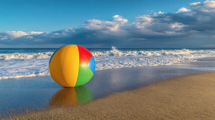 Obraz premium A colorful beach ball sits on a sandy shore near the ocean, reflecting in the wet sand. The waves are crashing gently in the background under a partly cloudy sky