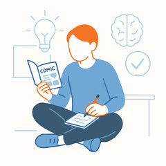 Minimalist Outline Student Studying Book with Lightbulb and Brain Illustration
