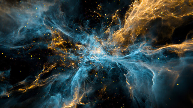 Nebula with bright golden dust and blue gas clouds against a dark starspeckled background