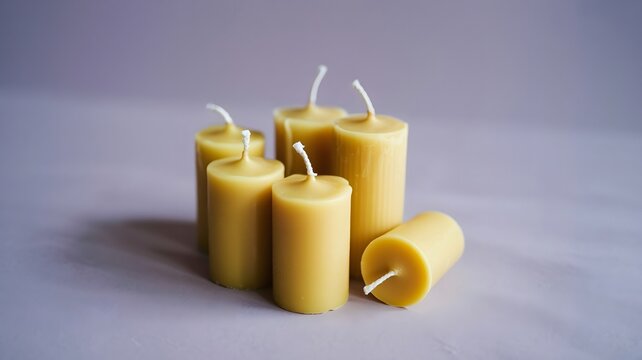 Six natural beeswax pillar candles with unbleached wicks on a soft purple background image