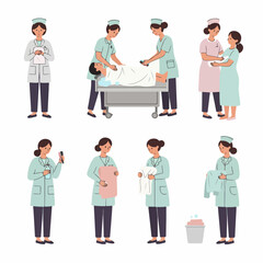 Illustration of nurses performing various duties like patient care, hygiene, and medical assistance, depicting essential healthcare services.