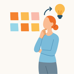 Flat Cartoon Style Woman Generating Idea in Front of Notes Illustration