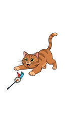An orange tabby cat playfully reaching for a feather toy, looking happy.