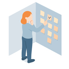 Isometric Woman Planning with Sticky Notes on a Wall Illustration