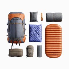 Flat Lay of Camping Gear Backpack, Sleeping Bag,