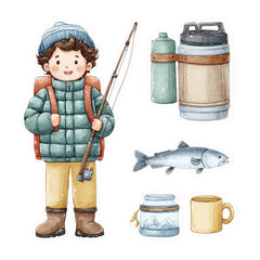 Cute Boy Winter Fishing Adventure Watercolor