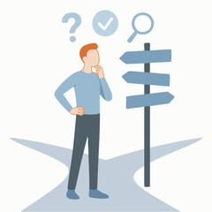 Flat Illustration Man Thinking Making Choice at Crossroads Concept Design