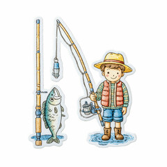 Cute Boy Fishing Cartoon Illustration - Summer