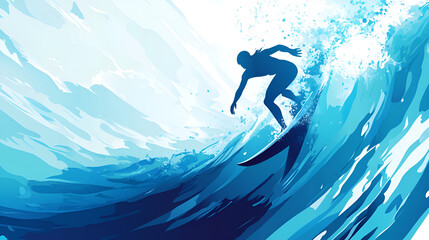 Surfer riding a wave shown in blue tones