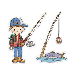 Cute Cartoon Boy Fishing with Two Rods and a Catch