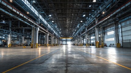 Obraz premium Aisles stretching into the distance, lined with stacked cardboard boxes in a large warehouse space.