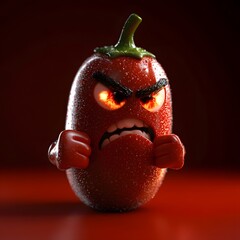 Animated Red Pepper with Fiery Eyes and Fists Demonstrating Inte