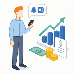 Flat Isometric Man Using AI on Phone with Finance Graphic