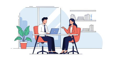 Two professionals discussing a project at a modern office desk with a laptop and a plant