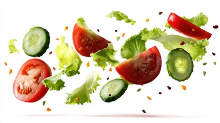 Vibrant vegetables including tomatoes, cucumbers, and lettuce elegantly float on white background.