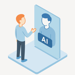 Isometric Style Person Talking to AI Interface Conceptual Illustration