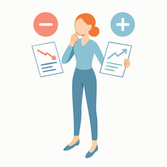 Flat Illustration Woman Confused Considering Negative and Positive Chart Report