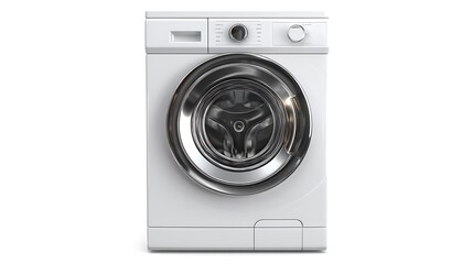 Front View of Modern White Washing Machine with Chrome Door on White Background