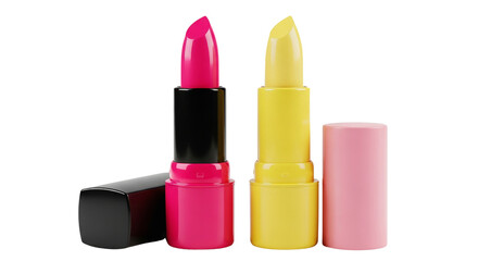 Fototapeta premium Two bright lipsticks, pink and yellow isolated PNG with Transparent Background