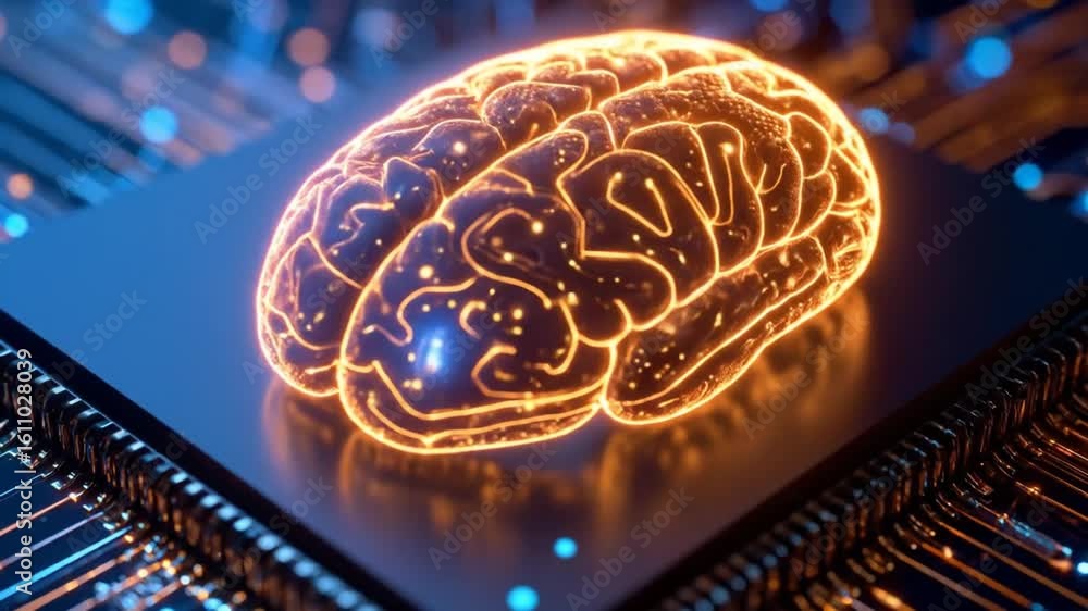 Poster futuristic artificial intelligence concept with glowing brain on circuit board