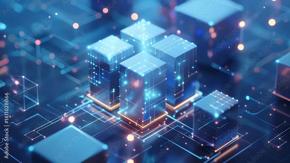 Poster abstract network of interconnected cubes in cyber space with glowing dots and orange lighting