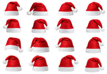 A collection of festive red and white Christmas hats arranged in a grid pattern