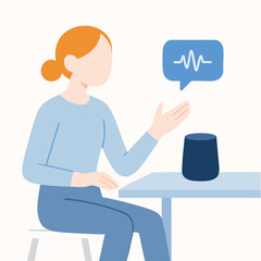 Minimalist Flat Illustration of Woman Interacting with Smart Speaker Technology