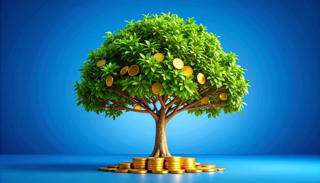 A thriving money tree with golden coin foliage and a solid trunk on blue background