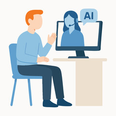 Flat Illustration Man Talking with AI Customer Service on Computer