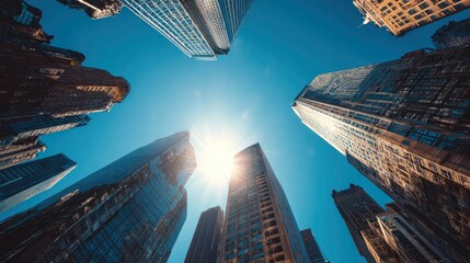 Skyscrapers reach toward a vibrant sunburst under a clear sky, creating a sense of awe and grandeur.