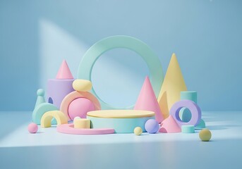 Pastel Geometric Shapes on Blue Background 3D Rendering Product Showcase Modern Design Creative Abstract Composition Scene