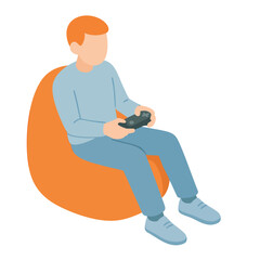 Minimalist Isometric Gamer Character Sitting on Beanbag Chair Illustration