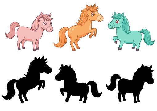 Cute pony characters with colorful designs and their silhouettes for a shadow matching game on a white background
