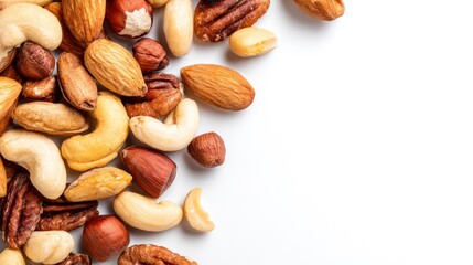An appealing shot of mixed nuts, including almonds, cashews, and pecans on clean white background.