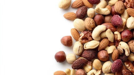 An overhead shot displays a rich collection of various nuts on a clean, bright background.