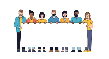 Diverse group of people holding a large empty banner together showing unity and collaboration for a shared cause or message