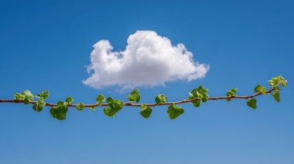 A slender vine with vibrant green leaves stretches horizontally against a vivid blue sky, a single fluffy white cloud subtly positioned above its center