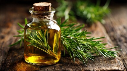 Golden oil infused with rosemary in a glass bottle rests on a rustic wooden surface.
